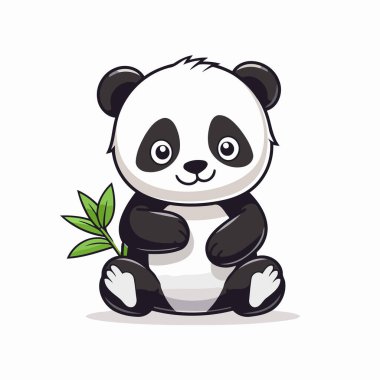 Şirin panda oturuyor ve yeşil yaprak tutuyor. Vektör illüstrasyonu.