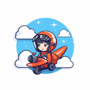 Cute little boy riding a motorbike in the sky. Vector illustration. clipart