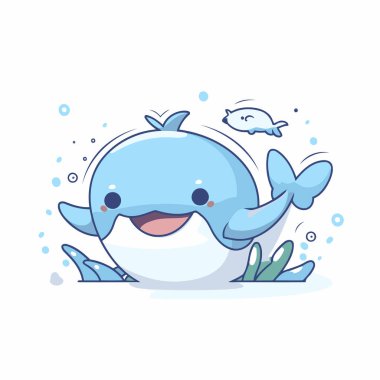 Tatlı çizgi film balinası. Beyaz arkaplanda vektör illüstrasyonu. İzole edilmiş.