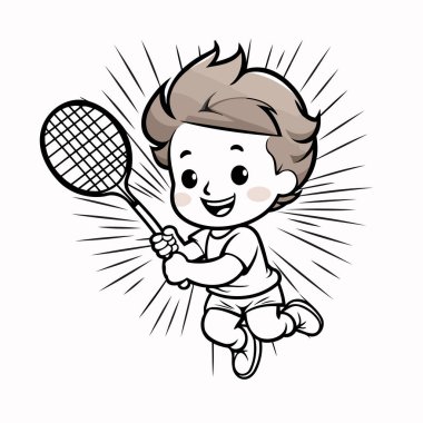 Badminton oynayan çocuk. Renkli Çizgi Film İllüstrasyonu. Vektör