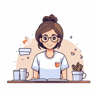 Evde çalışan genç bir kadın. Düz bir şekilde vektör illüstrasyonu.