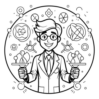 Takım elbiseli ve elinde şarap kadehi olan bir adamın siyah beyaz vektör çizimi. Yetişkinler için boyama kitabı.