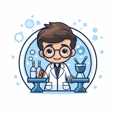 Bilim adamı çocuk çizgi film ikonu. Tıbbi ve sağlık hizmeti teması. Renkli tasarım. Vektör illüstrasyonu