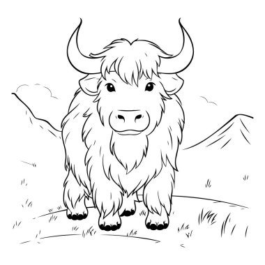 Çimlerin üzerinde duran bir öküzün siyah-beyaz çizimi.