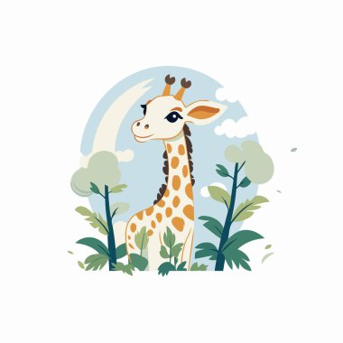 Ormandaki zürafa. Sevimli çizgi film hayvan vektör çizimi
