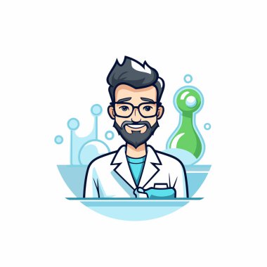 Laboratuvar önlüğü ve gözlüklü bir bilim adamı. Çizgi film tarzında vektör illüstrasyonu