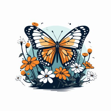 Çiçekli kelebek. Düz bir şekilde vektör illüstrasyonu.