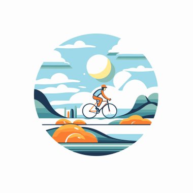 Dağlardaki yolda bir bisikletçi. Vektör illüstrasyonu.