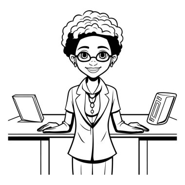 Ofiste dizüstü bilgisayarı olan afro iş kadını vektör çizim grafik tasarımı