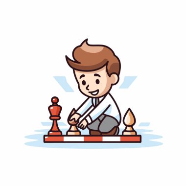 Beyaz arka planda satranç oynayan bir iş adamı. Düz biçimli vektör illüstrasyonu.