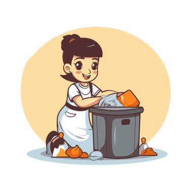 Çizgi filmdeki temizlikçi kadın. Düz bir şekilde vektör illüstrasyonu.