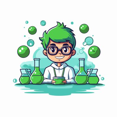 Elinde matara tutan yeşil saçlı ve gözlüklü bir bilim adamı. Vektör illüstrasyonu.