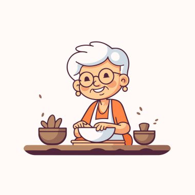 Mutfakta yemek yapan yaşlı bir kadın. Çizgi film tarzında vektör illüstrasyonu