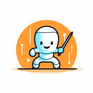 Fırça tutan sevimli bir robot. Çizgi film tarzında vektör illüstrasyonu.