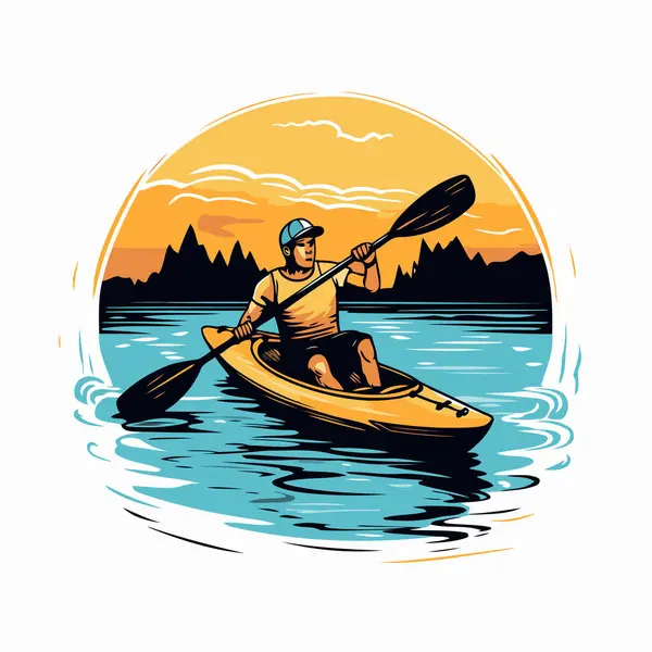 Hombre Remando Kayak Lago Ilustración Vectorial — Vector de stock