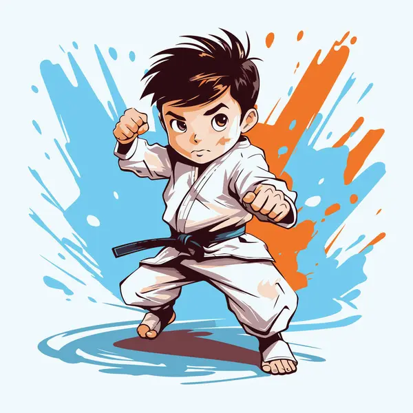 Karate Jongen Kimono Vector Illustratie Cartoon Stijl — Stockvector