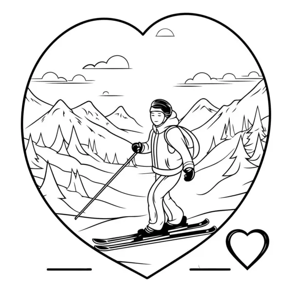 Homem Esquiando Nas Montanhas Coração Das Montanhas Ilustração Vetorial — Vetor de Stock