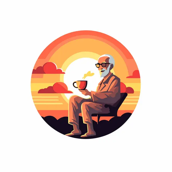Elderly Man Drinking Coffee Sunset Vector Illustration Flat Style — Stock Vector