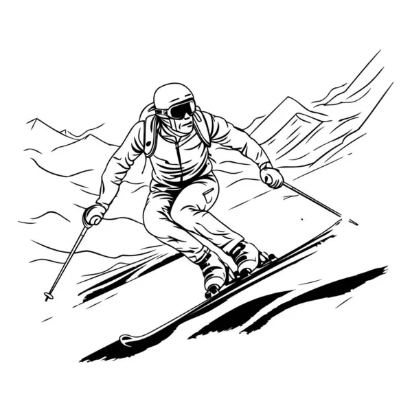 Skifahrer Beim Abfahren Schwarz Weiße Vektorillustration Eines Skifahrers Beim Abfahren — Stockvektor