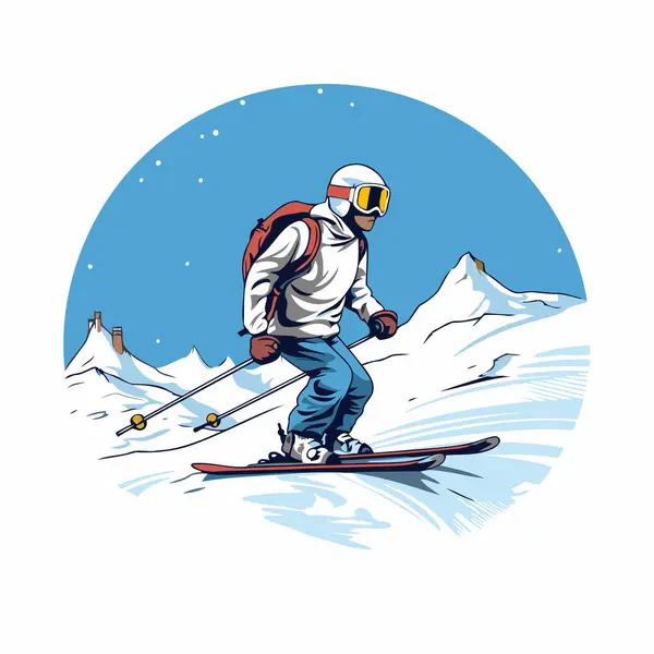 Skiing Man Vector Illustration Skier Mountains — Stock Vector