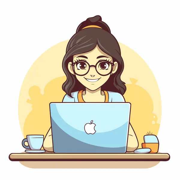 Laptoplu ve kahveli kız. Düz bir şekilde vektör illüstrasyonu.