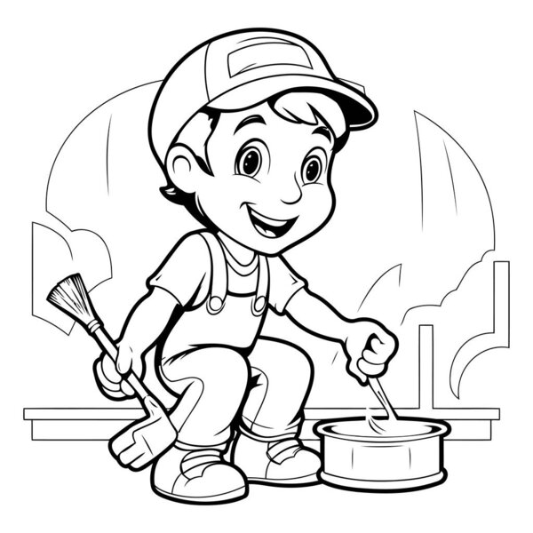 Cute Little Boy Painting The Wall - Black and White Cartoon Illustration. Vector