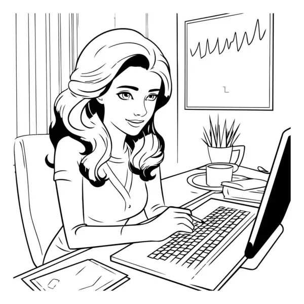Hermosa Mujer Trabajando Computadora Casa Ilustración Vectorial Blanco Negro — Vector de stock