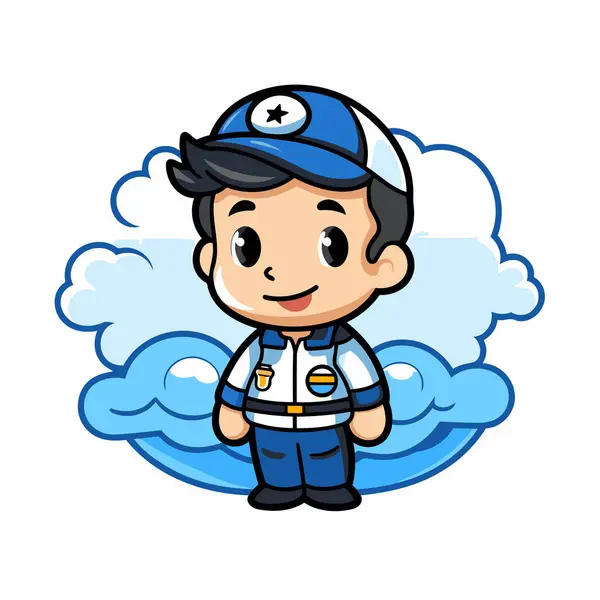 Illustration Eines Netten Kleinen Jungen Blauer Uniform Mit Wolken — Stockvektor