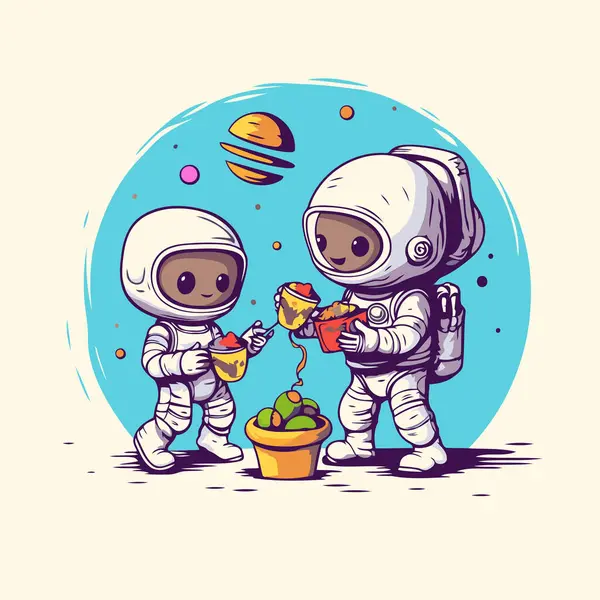 Astronaut Malý Chlapec Hrají Planetou Vektorová Ilustrace — Stockový vektor