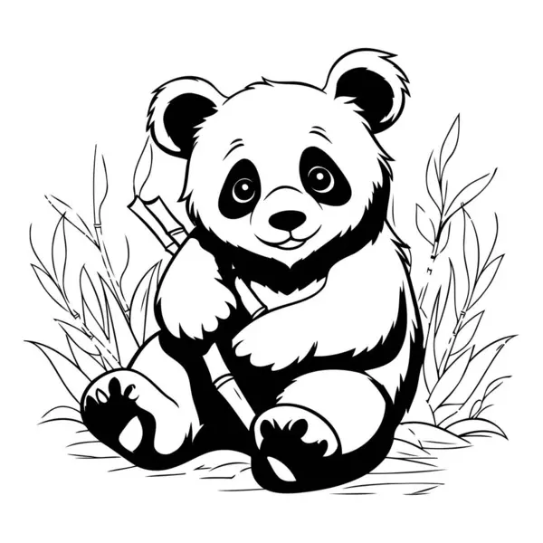 Słodka Panda Siedząca Trawie Czarno Biały Wektor Ilustracja — Wektor stockowy