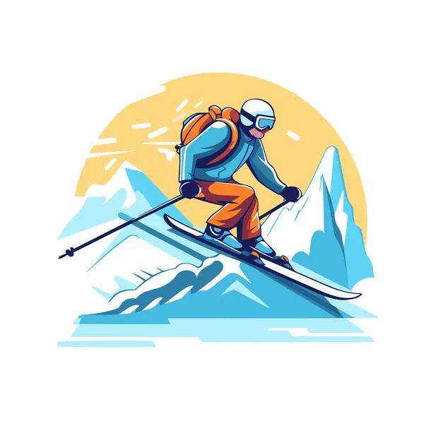 Skier Skiing Downhill Mountains Vector Illustration Man Skiing Downhill — Stock Vector