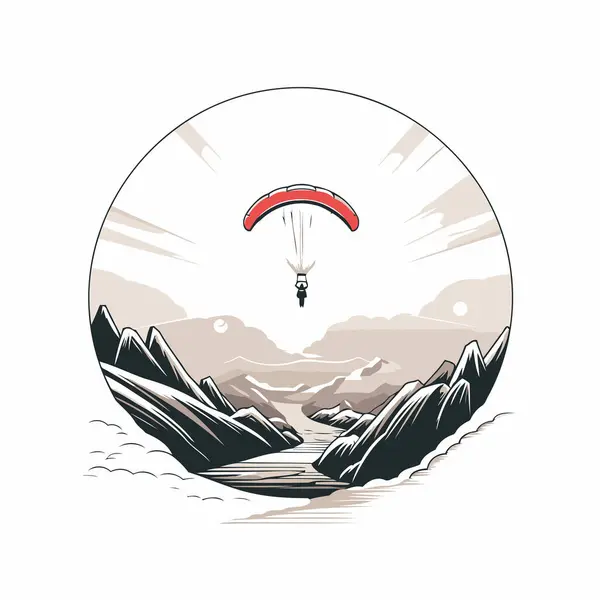Paraglider Flying Mountains Vector Illustration Circle — Stock Vector