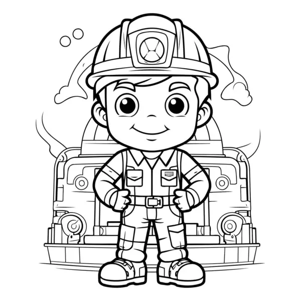 Illustration Dessin Animé Noir Blanc Pompier Pompier Pour Livre Colorier — Image vectorielle