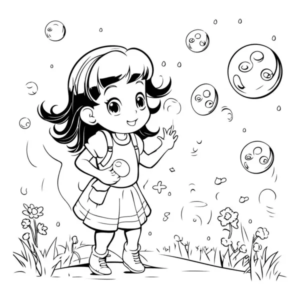 Bahçede sabun köpüğü üfleyen küçük bir kızın siyah beyaz çizimi.
