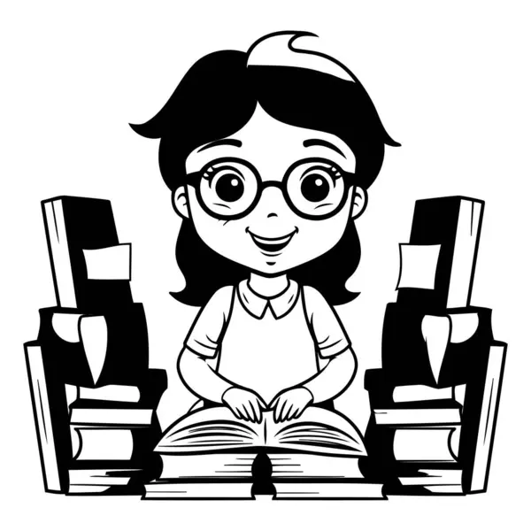 图书馆矢量图解设计中可爱的小女孩看书 — 图库矢量图片