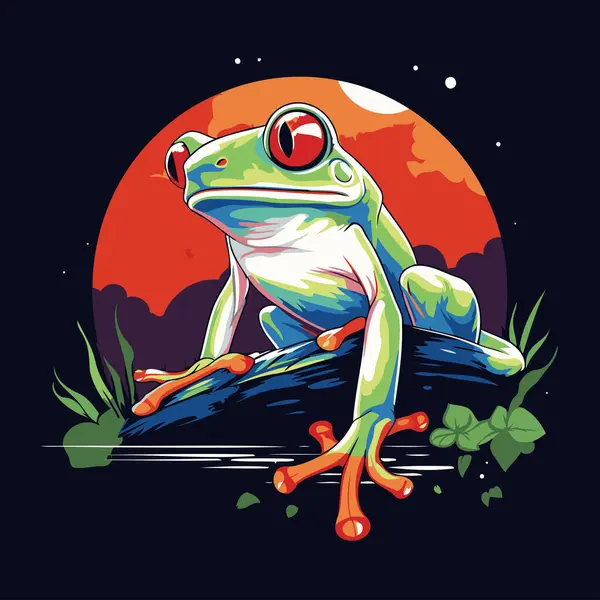 stock vector illustration of a green frog on the background of the full moon