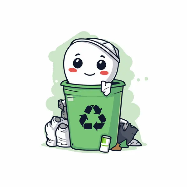 Cute Cartoon Trash Can Character Recycling Concept Vector Illustration — Stock Vector
