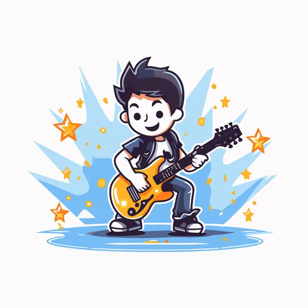Cartoon Boy Playing Electric Guitar Vector Illustration White Background — Stock Vector