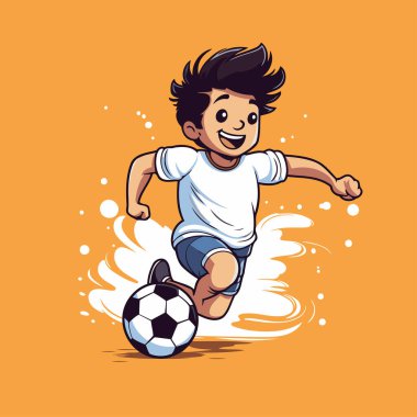 Çizgi filmdeki futbolcu topa vuruyor. Turuncu arkaplanda izole edilmiş vektör illüstrasyonu.