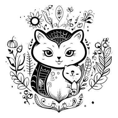 Kedili ve çiçekli sevimli bir baykuşun el çizimi çizimi..