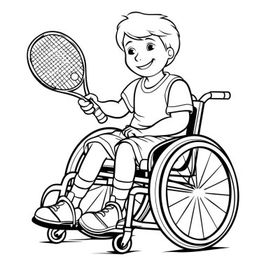 Tekerlekli sandalyede beyaz arka planda tenis oynayan bir çocuk.