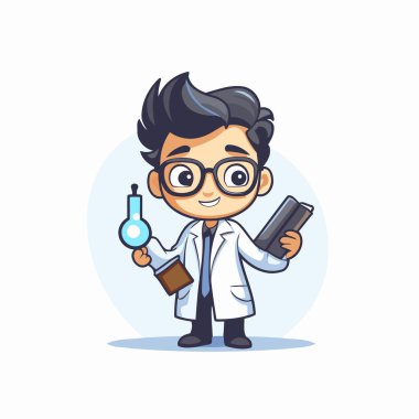 Bilim adamı deney tüpü ve matara tutuyor. Vektör çizgi film karakteri çizimi.