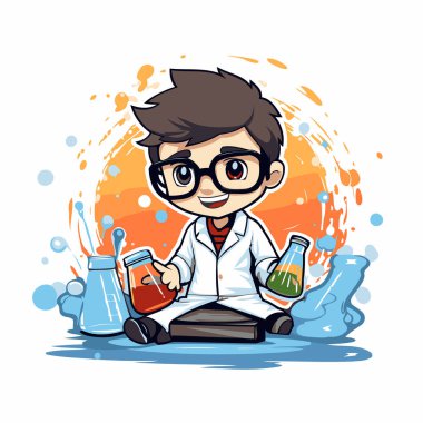 Test tüpü ve matara çizimi olan bilim adamı çocuk çizgi film karakteri..