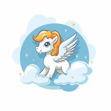 Bulutta kanatları olan şirin tek boynuzlu at çizgi filmi. Vektör illüstrasyonu.