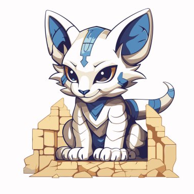 Taş duvarda oturan sevimli çizgi film kedisi. Vektör illüstrasyonu.