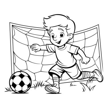 Futbol oynayan çocuk - boyama kitabı için siyah-beyaz vektör çizimi.