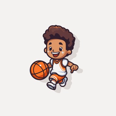 Basketbol oynayan yakışıklı Afro-Amerikan Çocuk Çizgi Film Karakteri Vektör İllüstrasyonu.