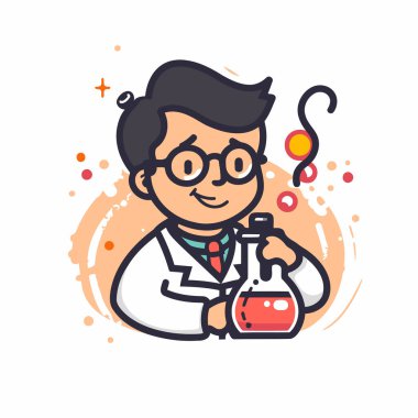 Kimyasal matarası ve soru işareti olan bir bilim adamı. Düz biçimli vektör illüstrasyonu