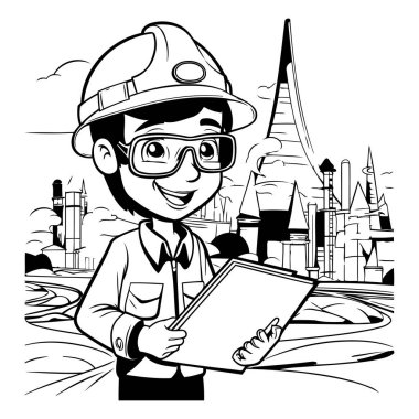 Şehir manzarası vektör çizimi grafik tasarımında miğfer ve plan sahibi karikatür mühendisi