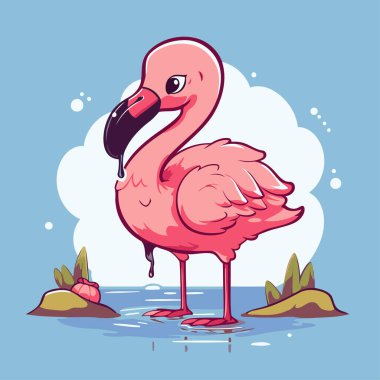 Suda pembe flamingo. Vektör çizimi. Çizgi film biçimi.